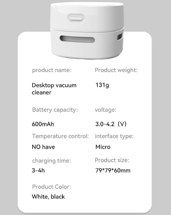Portable Mini Desktop Vacuum Cleaner, Wireless Handheld, White, for Eraser Shavings, Pencil Shavings, Paper Scraps and Dust