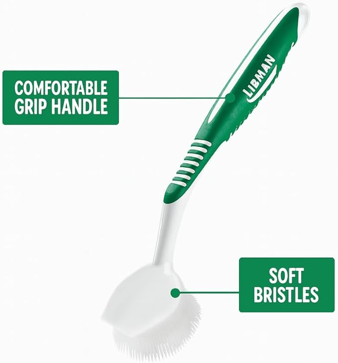 LIBMAN Dish Brush - Soft Bristle Cleaning Brush with Handle - 2 Pk Dish Scrub Brushes with Scraper for Dishwashing Dishes, Pots, Pans, Glassware - Non-Slip Comfort Grip Handle