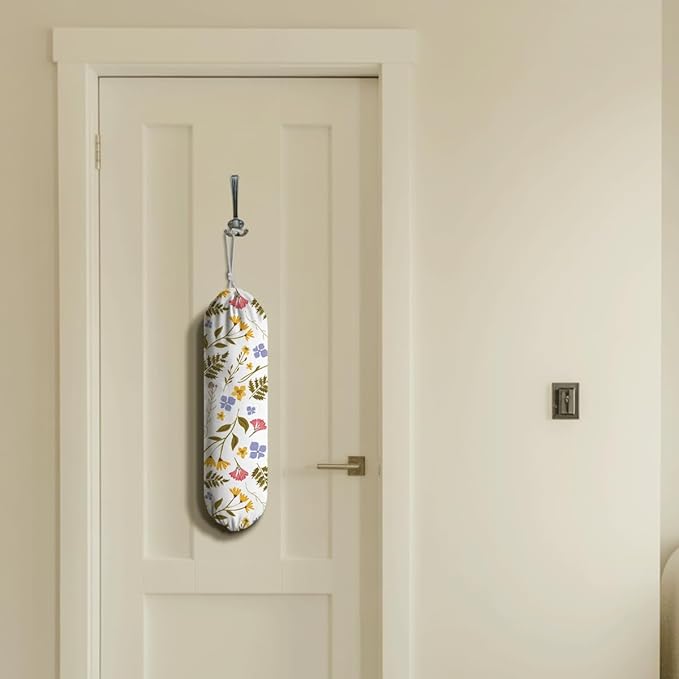 Weeds Plastic Bag Holder, Reusable Washable Shopping Bags Storage Carrier, Floral Fabric Garbage Trash Bag Dispenser for Home Kitchen Pantry Cabinet, Wall Mount, Kitchen Housewarming Gifts