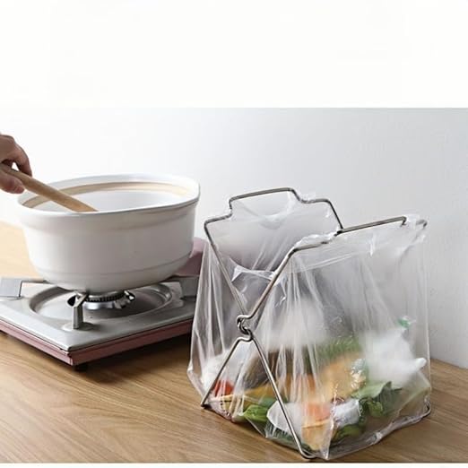 Tabletop Trash Bag Holder-Folding Stainless Steel Trash Bag Holder 11" Garbage Storage Metal Bracket for Countertop,Kitchen,Waste,Living Room,Dining Room,Bar Counter,Indoor Outdoor (Sliver)