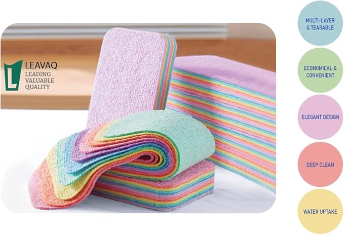 LEAVAQ Peelable Microfiber Sponges 4 Pack β 12-Layer Tear Away PVA Cleaning Pads, Ultra Absorbent Non-Scratch Rainbow Sponge for Kitchen Dish, Countertop, Bathroom, Glass & Car Cleaning