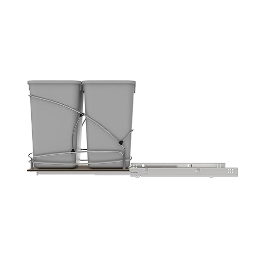 Rev-A-Shelf 27 Qt / 6.75 Gal Steel Bottom Mount Double Pullout Waste Container w/Soft-Close for Base Kitchen Cabinets, Min Opening Width of 11.5", Gray, 54WC-1527SC-17-1