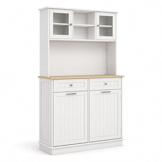 RASOO Trash Can Cabinet 67.7" Tall Kitchen Pantry Storage Sideboard Freestanding Tilt Out Trash Can 10 Gallon Glass Doors with 2 Drawers Microwave Coffe Bar