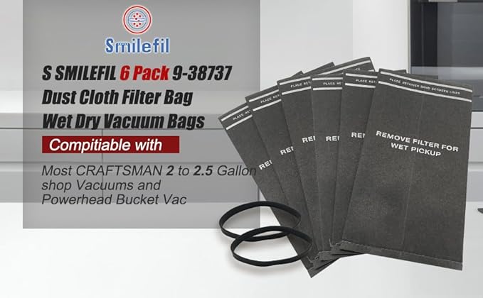 6 Pack 9-38737 Dust Cloth Filter Bag Wet Dry Vacuum Bags for Craftsman 2 to 2.5 Gallon Shop Vacuums and Powerhead Bucket Vac, 6 Shop Vacuum Bags With 2 Retaining Bands