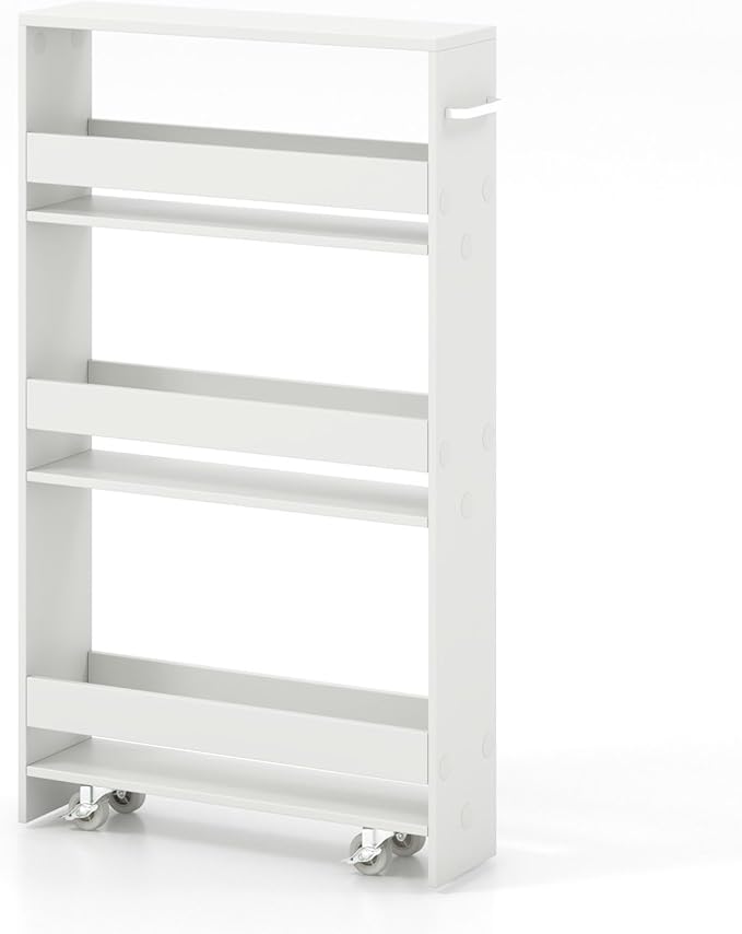 Giantex 4 Tier Rolling Slim Storage Cart, 5" Narrow Slide Out Kitchen Cart w/Handle & Open Shelves, Space-Saving Compact Mobile Utility Trolley for Small Space Laundry Room (White)