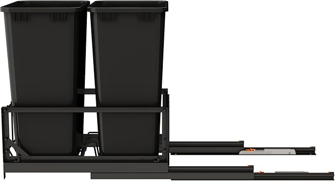 Rev-A-Shelf Aluminum Double Pullout Waste Container for Kitchen Base Cabinets, 50 Qt Trash Can with Soft-Close Slides, Black, 5349-2150DM-218