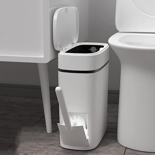 Bathroom Trash Can with Lid, 14 Liter/ 3.7 Gallon Bathroom Trash Can and Toilet Brush Set for Restroom, Bedroom, Living Room, Office, White Lid