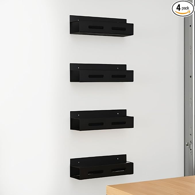 Wall-Mounted Metal Storage Rack 4-Pack - Garage and Workshop Organizer for Tools, Hardware, Cleaning Supplies - Black Matte Powder-Coat