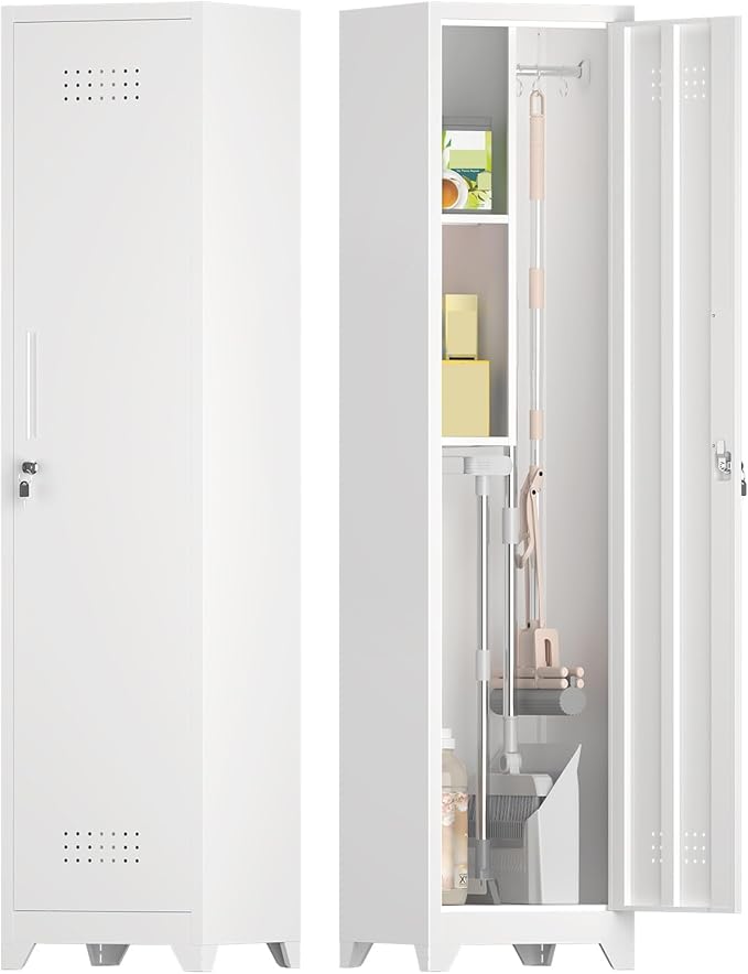 65" Metal Broom Storage Cabinet with Lock, Slim Freestanding Broom Closet Organizer with Adjustable Shelves and Hooks White Tall Utility Cabinet for Mop Broom Small Vacuum Garage Laundry Room