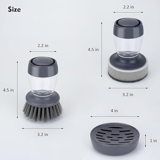 DAPOWER Dish Brush with Soap Dispenser, Kitchen Scrub Brush for Dishes Pots Pans Sink Cleaning, Dish Scrubber with Holder Set (Grey 2-Pack Combo Set)
