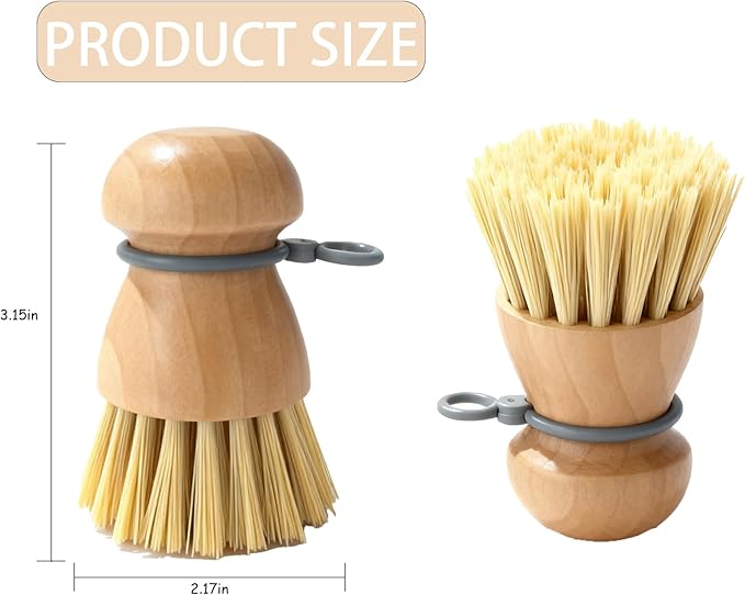 2 Pack Wooden Dish Brush, Compact Palm Dish Scrubber with Soft Rubber Hanging Ring, PBT Bristles Kitchen Scrub Tool for Dishes, Pots, Pans and Sink Cleaning