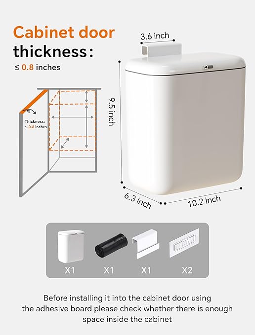 Wall Mounted Kitchen Compost Bin with Lid, Hanging Trash Can for Cabinet Door, White Plastic Food Scrap Bin for Kitchen Counter and Under Sink, 1.8 Gal
