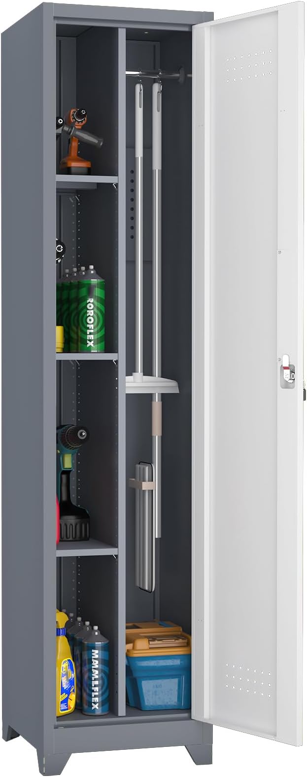 Broom Closet Utility Storage Cabinet with Locking Door and 2 Shelves, 65" H Slim Tool Cabinet for Broom and Mops (Gray,65“H-1 Door) (GrayWhite, 65" H-1Door)