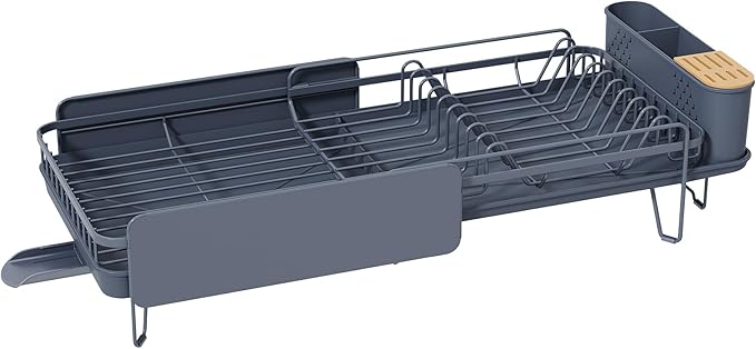 SNTD Dish Drying Rack - Large Dish Racks for Kitchen Counter, Expandable Dish Drainers with Cutlery Holder Stainless Steel Rustproof (Grey)