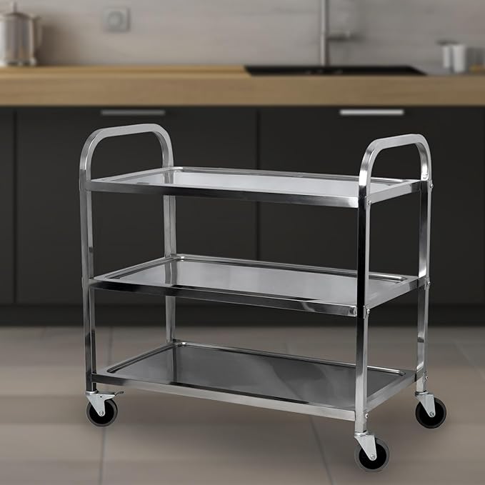 uyoyous Extra Large 3 Tier Stainless Steel Utility Cart 37x20x37 inch Commercial Heavy Duty Rolling Cart Food Storage Service Trolley with 360° Rotatable Wheels for Kitchen Hotel Restaurant Home Use