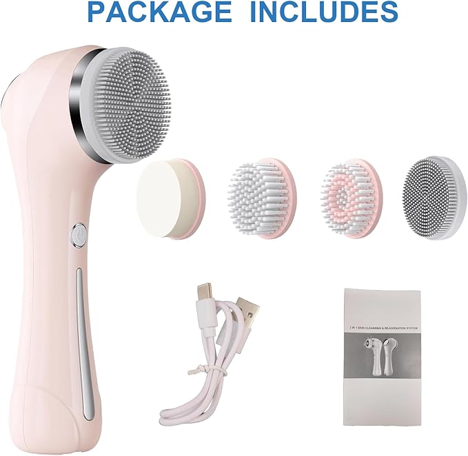 Facial Cleansing Brush, 2 in 1 Waterproof IPx7 Facial Spin Scrubber Set with 4 Brush Heads, Rechargeable Exfoliating Face Brush Deep Cleansing, Gently Exfoliate and Remove Blackhead (Pink)