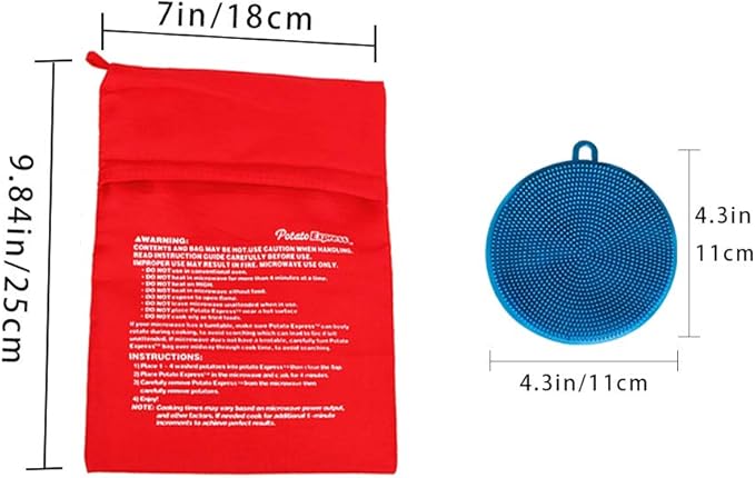 Premium Microwave Potato Bag Kit, with 2PCS Silicone Vegetable Scrubber Brush, Reusable Baked Potato Pouch and Multipurpose Silicone Dish Sponge - Perfect Dishes in Just 4 Min (Blue)
