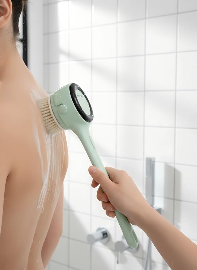 Electric Body Brush Back Scrubber for Shower, Rechargeable Long Handles Bath Brush with 5 Replaceable Heads, 3 Speed Adjustable and Lcd Display Shower Brush for Deep Cleansing, Exfoliating & Massage