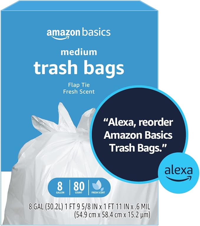 Amazon Basics 8 Gallon Flap Tie Trash Bags, Fresh Scent, 80 Count (Pack of 3)