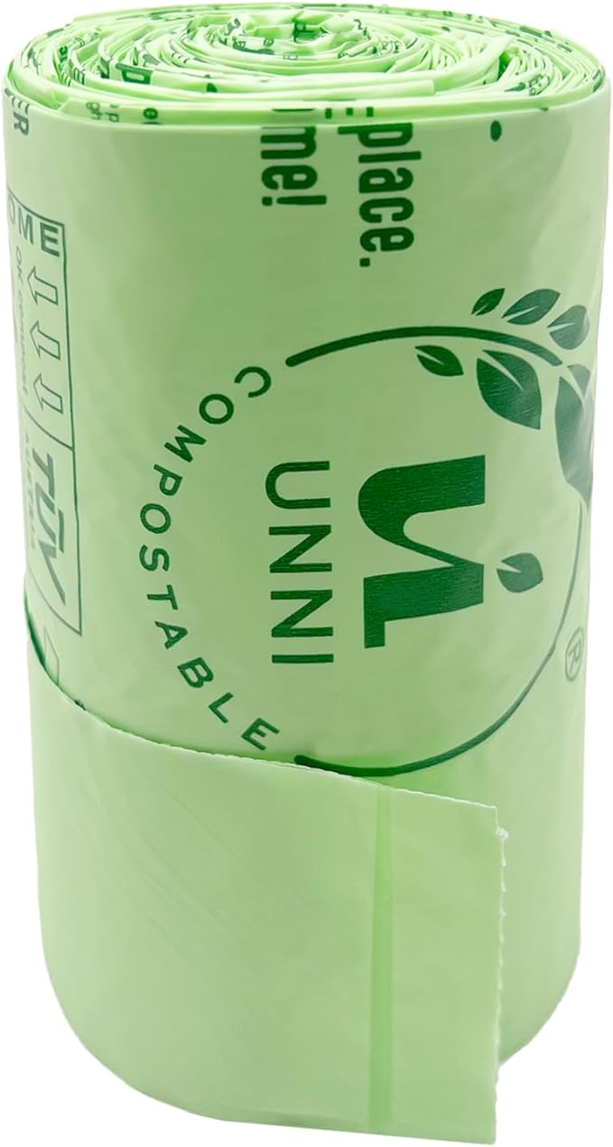 UNNI 3 Gallon Compostable Trash Bags with Tie Handles, 100 Count Small Food Scrap Kitchen Compost Bags for Countertop Bin, Certified by BPI, CMA & OK compost HOME, Meets ASTM D6400