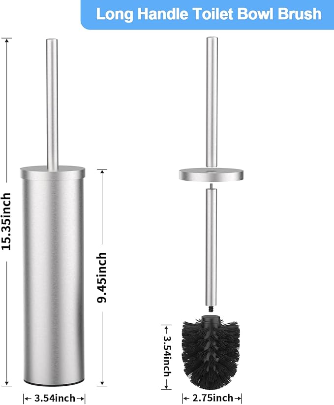 Stainless Steel Toilet Brush and Holder Set Brushed Silver Heavy Duty Toilet Bowl Brush with Long Handle for Bathroom and Farmhouse (Silver-2)