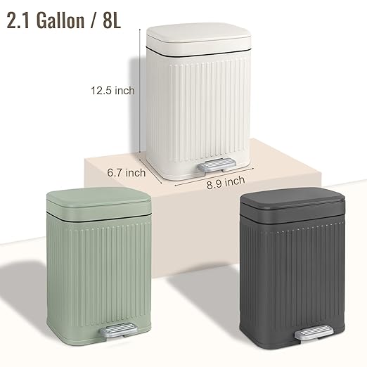 rejomiik Small Bathroom Trash Can with Lid 2.1 Gallon Soft Close Step Slim Garbage Can Waste Bin for Office, Bedroom, Kitchen, Dark Gray