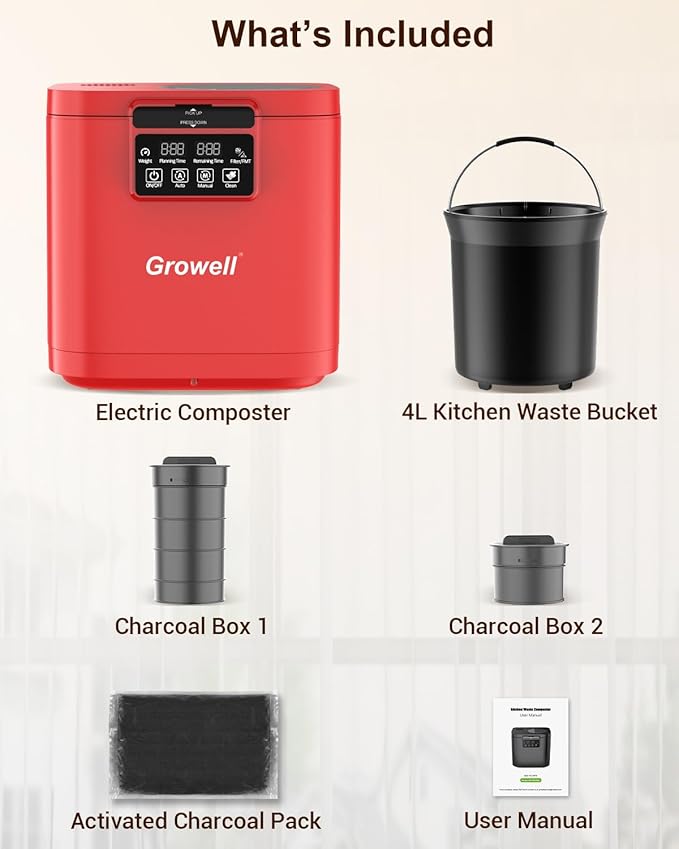 Electric Composter for Kitchen, 4L Indoor Odorless Compost Bin with 2 Carbon Filters, Upgraded Brushless Motor, Auto-Clean, LED Display, Visible Window, Smart Countertop Food Waste Composting Machine