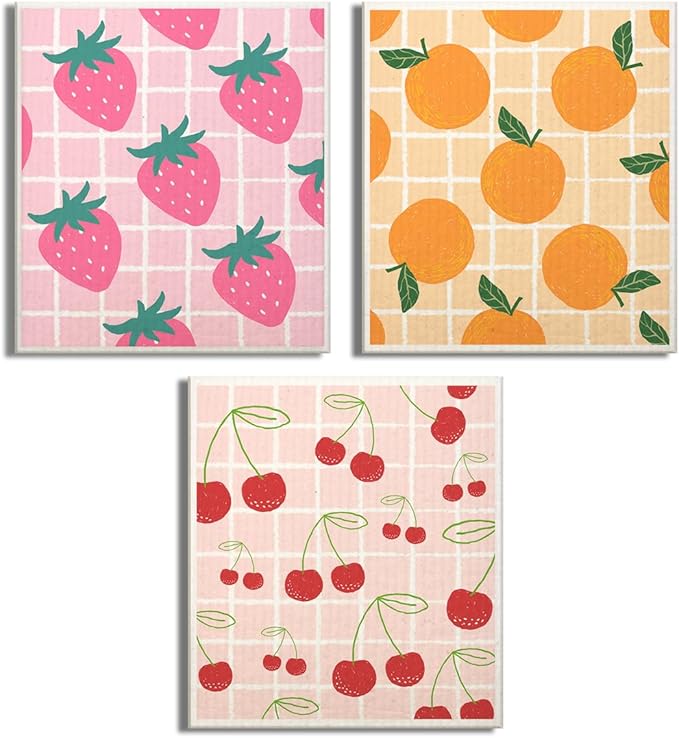 Swedish Dishcloths for Kitchen | 6 Pack Floral Reusable Paper Towels Washable | Swedish Dish Towels | Non-Scratch Cellulose Sponge Cloths | No Odor, Biodegradable Cleaning Cloths, Fruits