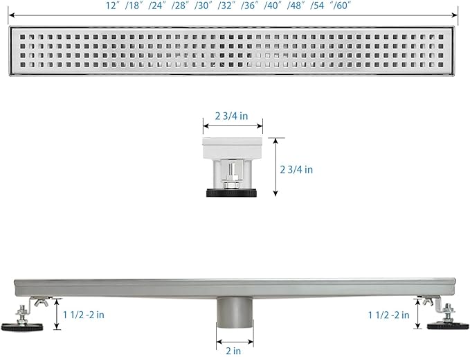 SaniteModar Shower Drain, 20 inch Linear Shower Drain with Removable Square Hole Panel, AISI 304 Stainless Steel Brushed Shower Floor Linear Drain with Adjustable Feet and Hair Strainer