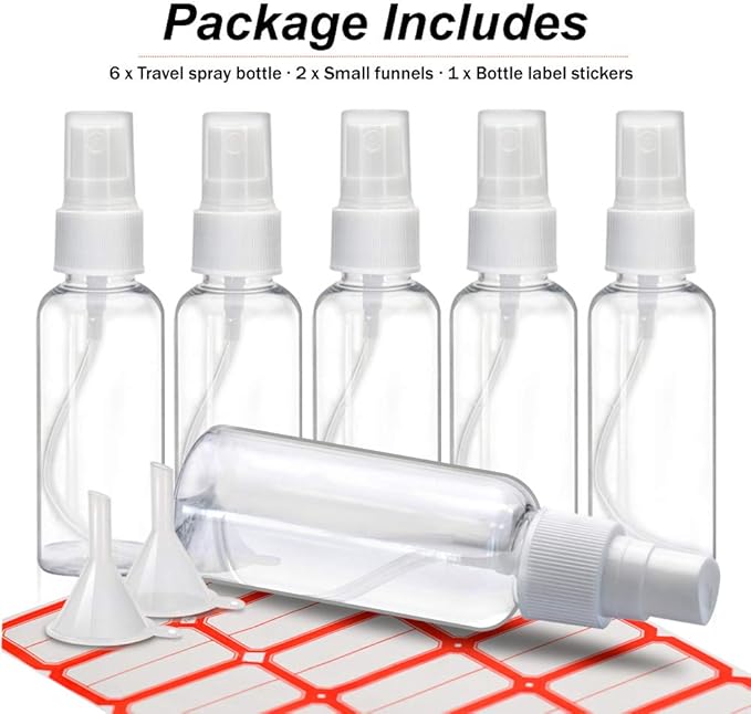 Mini Spray Bottles, 2oz/50ml Small Spray Bottle, Plastic Travel Spray Bottle for Liquids, Refillable Hand Spritzer Bottles for Liquids, Clear Alcohol Spray Bottles with Small Funnel and Bottle Labels