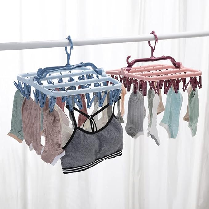 Foshine Clothes Drying Racks Foldable Clip Hangers Plastic with 32 Drying Clips Wind-Proof Hook Underwear Hanger for Socks Bras (Pink)
