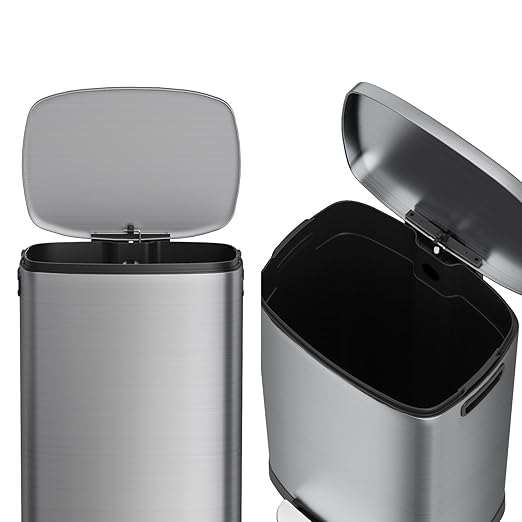 KdbK 13 Gallon Trash Can with Lid, 50L Fingerprint Proof Stainless Steel Kitchen Trash Can with Removable Inner Bucket and Lid Soft Close, Pedal Rubbish Bin for Home Office(Silver)