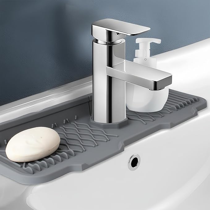 Silicone Faucet Handle Drip Catcher Beveled Drying Tray Mat Dish Soap Sponge Holder Accessories Gadgets for Kitchen Counter Bathroom Kitchen Sink Splash Guard (16.9")