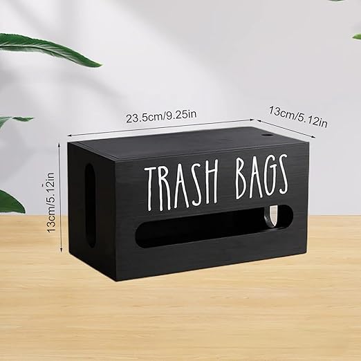 Trash Bag Dispenser, Wall Mount Trash Bag Holder Dispenser with Lid Wooden Kitchen Trash Bag Roll Organizer Plastic Garbage Bag Storage for Cabinet. (Black)