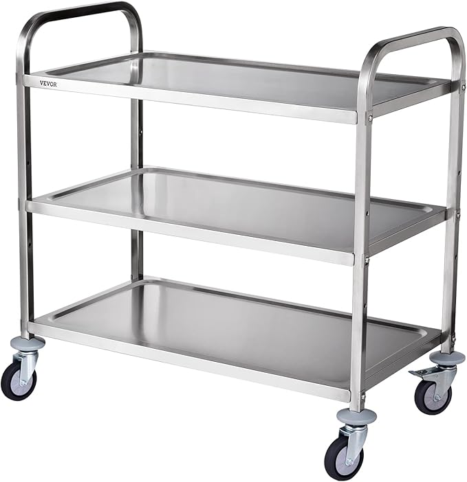 VEVOR Kitchen Utility Cart, 3 Tiers, Wire Rolling Cart with 220LBS Capacity, Steel Service Cart on Wheels, Metal Storage Trolley with 80mm Basket Curved Handle PP Liner 6 Hooks, for Indoor and Outdoor