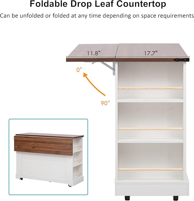 53" Farmhouse Kitchen Island with 2 Tempered Glass Cabinet Doors, Power Outlet, Rolling Kitchen Cart on Wheels with Drop Leaf, 5 Open Side Racks, 3 Drawers, for Kitchen, White