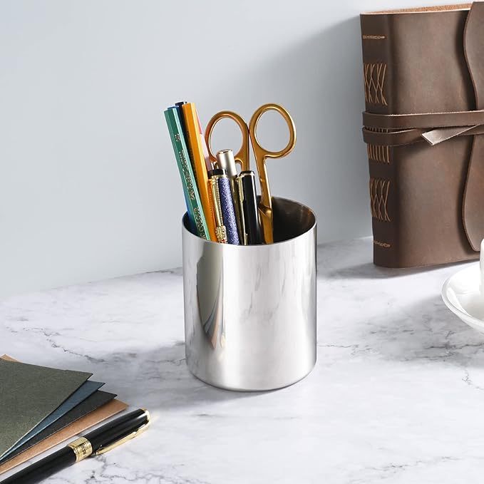 2 Packs Silver Round Stainless Steel Pen Holder,Minimalist Mini Metal Vase,Desktop Stationery Organizer,Vacuum Plating Makeup Brush Holder