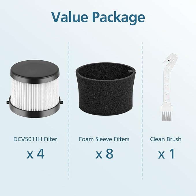 DCV501HB DCV5011H Vacuum Filter Compatible with DEWALT DCV501HB 20V Vacuum Cordless Handheld Vacuum, 4 Packs HEPA Vacuum Filter with 8 Foam Sleeve Filters & 1 Brush