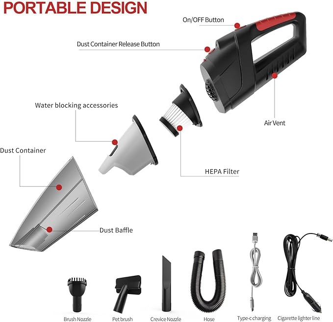 Handheld Vacuum Cleaner, Cordless Vacuum Cleaner, 6.5KPA Super Powerful Suction Cleaner, Rechargeable Portable Hand Vacuum,with LED, HEPA Filter, for Home & Pet Hair (Black)