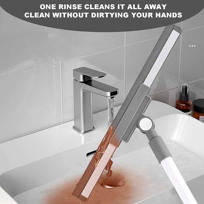 Floor Squeegee Broom - 52" Long Handle Rubber Scrubber for Bathroom, Tile, Shower, Glass, Pet Hair, Hardwood Floor - Adjustable Long Handle, Water Wiper with Replacement Blade (White)