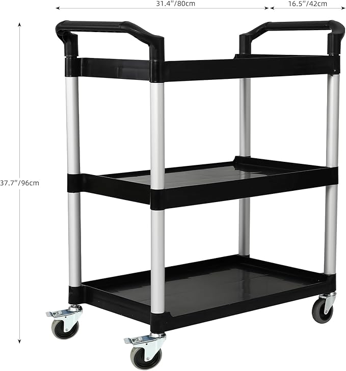 3-Tier Utility Rolling Cart with Wheels, Durable Catering carts with Wheels, Rolling Storage Cart for Hotel Canteen Resturant Office (Black, 31.4" D x 16.5" W x 37.7" H)