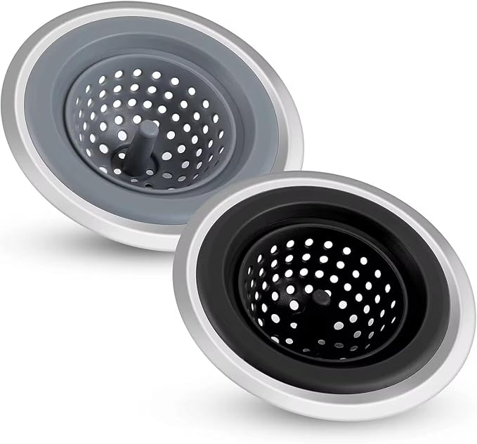 Kitchen Sink Strainer 2 Pack, Stainless Steel Rim with Silicone Basket, Anti-Clog Sink Drain Catcher, Food Strainer for Kitchen Sink, Fits Standard Drains, Black