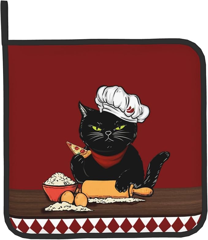 Cat Pot Holders and Oven Mitts - Red Cooking Gloves Hot Pads for Kitchen Fun Chef Gifts for Cooking Lover Cooks