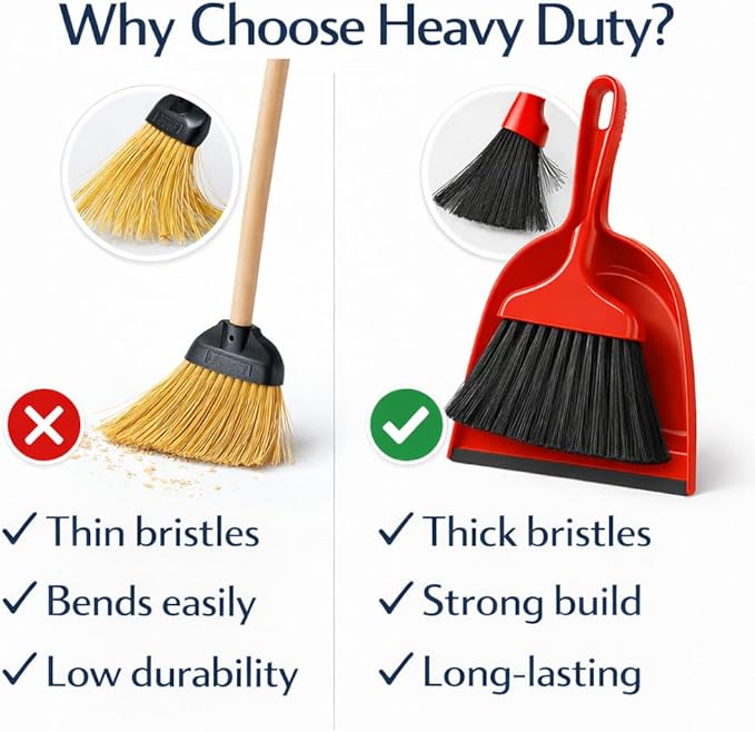Heavy Duty Whisk Broom and Dustpan Set with Red Handle & Black Bristles, Compact Handheld Cleaning Combo for Home, Kitchen, Office, Garage & Car