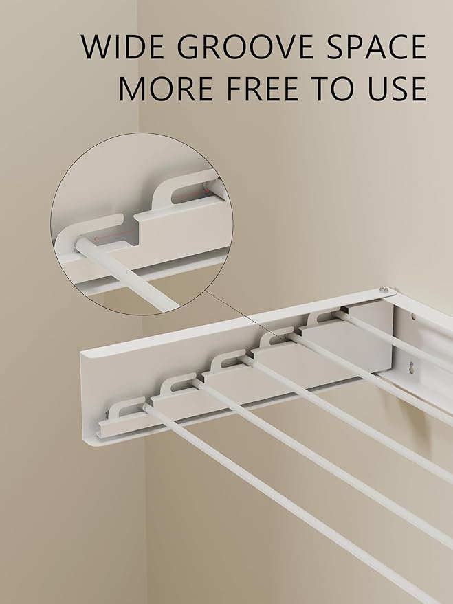 JOOM Laundry Drying Rack Collapsible, Wall Mounted Drying Rack, Clothes Drying Rack, 31.5" Wide, 5 Aluminum Rods, 60 lb Capacity (White 31.5" with Hooks)