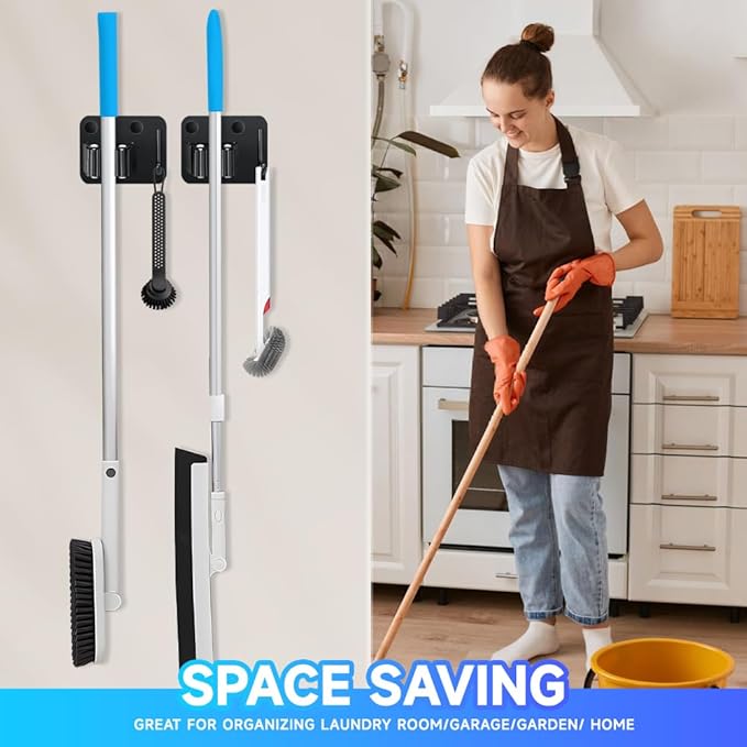 JAMEND CLXP 2-Pack Broom Holder with Heavy Duty Hooks, Upgraded Stainless Steel Mop Hanger. Wall Mount Utility Tool Rack for Kitchen Garden Laundry Garage. Matte Black.
