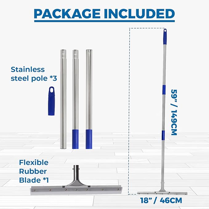 MHM AquaSlide MiniPushPro β 18-Inch Epoxy Squeegee for Shop & Concrete Floors, Tile Floor Wiper with Rubber Blade, Jalador de Agua para Piso