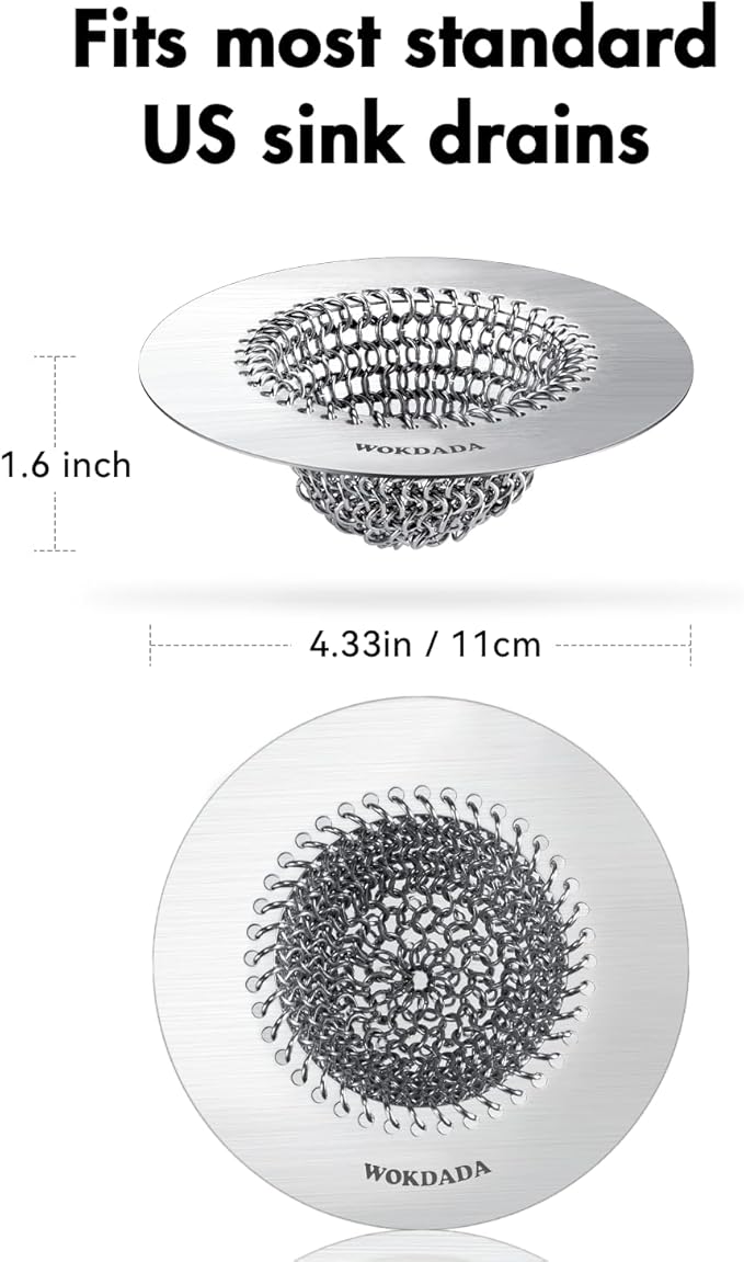 Wokdada 2 PCS Kitchen Sink Drain Strainer, Flippable Mesh Sink Strainer, 304 Stainless Steel Sink Screen, Easy Clean Large Basket Strainer, Anti-Clog Garbage Disposal Cover Fit for Standard Sink Drain