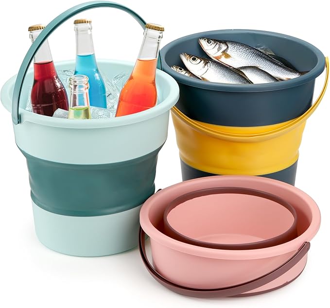 Noamus 3 Pack 2.6 Gallon Collapsible Plastic Bucket, 10L Foldable Round Tub with Handle, Folding Portable Fishing Water Pail, Space Saving Outdoor Waterpot for Garden Camping Car Mop Cleaning Beach
