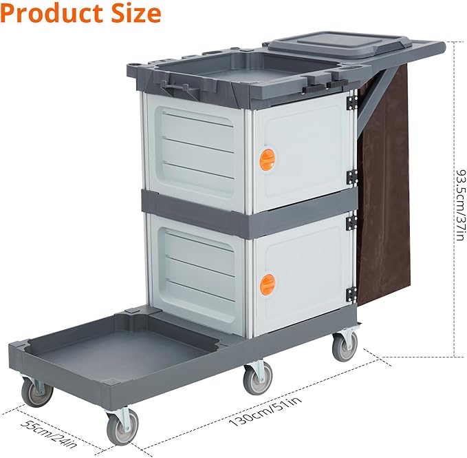 Commercial 3-Shelf Janitorial Cart with 2 Cabinet,Commercial Cleaning Cart on Wheels with Cover, Shelves, and Oxford Bag, Housekeeping Cleaning Caddy Service Carts for School Hotel Apartment